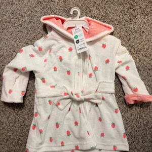 White Hooded Baby Robe with Pink Strawberry Print